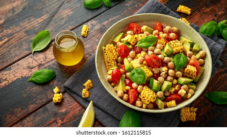 Avocado Chickpea Salad With Grilled Sweet Corn, Tomato And Basil. Healthy Vegan Food