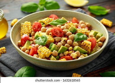 Avocado Chickpea Salad With Grilled Sweet Corn, Tomato And Basil. Healthy Vegan Food