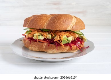 Avocado Chickpea Salad Sandwich On White Background.