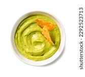 Avocado dip sauce guacamole with tortilla corn nachos chips in a white bowl . Isolated on white background. Top view.