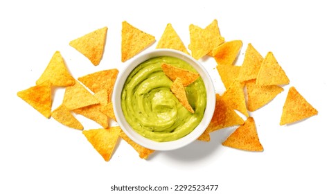 Avocado dip sauce guacamole with tortilla corn nachos chips in a white bowl . Isolated on white background. Top view. - Powered by Shutterstock