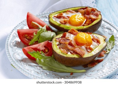 Avocado Egg Boats With Bacon. Low Carb High Fat Breakfast