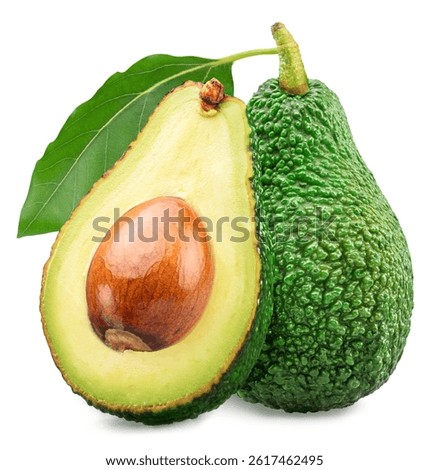 Avocado fruit cut in half with leaf isolated on white background. File contains clipping paths.
