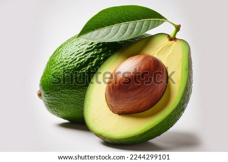 Avocado fruit with leafs isolated photo. Avocado whole, half, slice, leaves on white background. Avocado slices with leaf and zest isolated. With clipping path. Full depth of field.