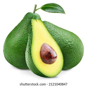 Avocado fruits with avocado half and avocado green leaves isolated on white background. Avocado and leaves with clipping path - Shutterstock ID 2121040847