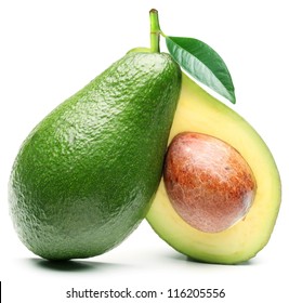 Avocado with avocado leaf isolated on a white background.