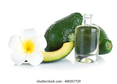 Avocado, Plumeria And Oil, Isolated On White