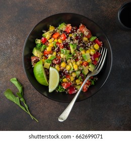 Avocado, Quinoa, Bean, Corn And Bell Pepper Salad . Top View