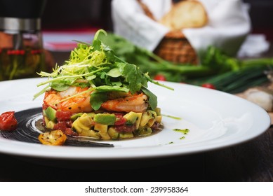 Avocado Salad With Shrimp And Quail Eggs.