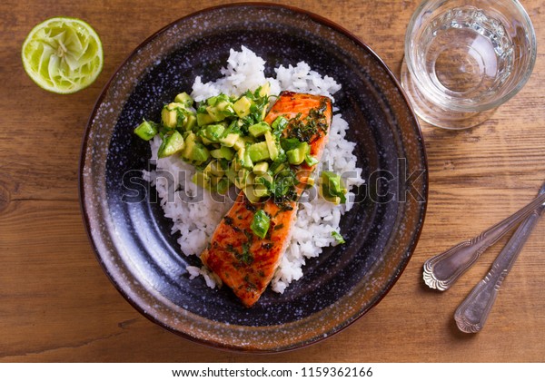 Avocado Salmon Rice Bowl Salmon Fillet Stock Photo Edit Now 1159362166