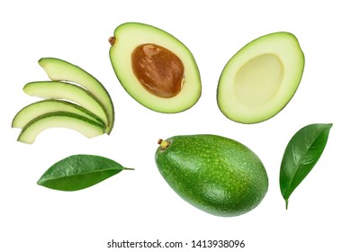 avocado and slices decorated with green leaves isolated on white background. Top view. Flat lay - Shutterstock ID 1413938096