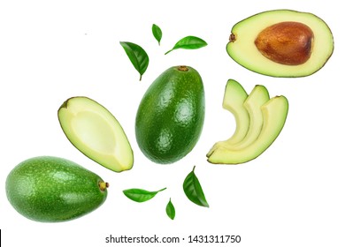 avocado and slices decorated with green leaves isolated on white background. Top view. Flat lay - Shutterstock ID 1431311750