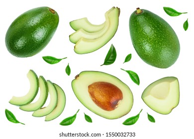 avocado and slices decorated with green leaves isolated on white background. Top view. Flat lay - Shutterstock ID 1550032733