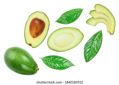 avocado and slices decorated with green leaves isolated on white background. Top view. Flat lay - Shutterstock ID 1840185922