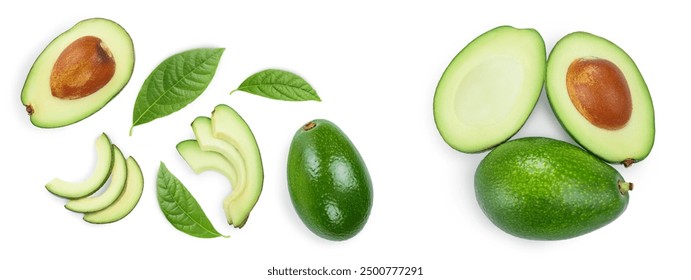 avocado and slices decorated with green leaves isolated on white background. Top view. Flat lay - Powered by Shutterstock