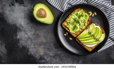 Avocado Toast for breakfast or lunch with rye bread, pumpkin seeds. Vegetarian food. Clean eating. Top view. Copy space. - Powered by Shutterstock