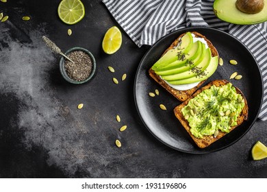 Avocado Toast With Cream Cheese On Grain Bread. Vegetarian Food Concept. Clean Eating. Top View.