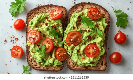 Avocado Toast | Slices of sourdough bread topped with mashed avocado, cherry tomatoes, and red pepper flakes. - Powered by Shutterstock