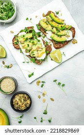 Avocado Toasts With Cheese, Pumpkin, Nut And Sesame. Healthy Fats, Clean Eating For Weight Loss.