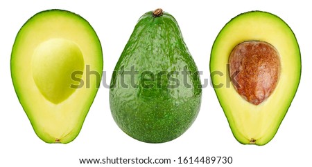 Avokado fruit. Whole and half avocado isolated on white background close-up.