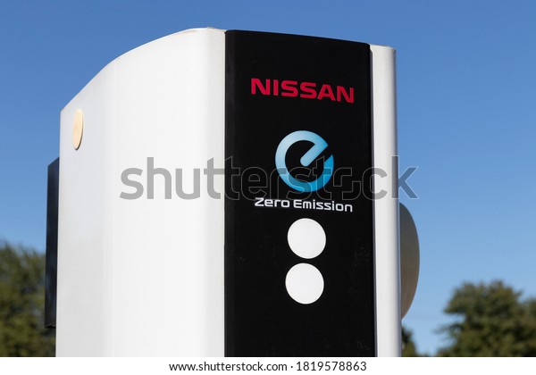 Avon - Circa September 2020: Electric Vehicle\
Quick Charger at a local Nissan Car Dealership. The Nissan LEAF EV\
is all electric.