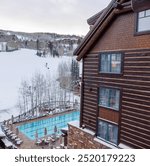 Avon Colorado Beaver Creek. The Ritz Carlton at Bachelors Gulch in Colorful Colorado during a snow event in 2024 USA ski season. Eagle County 