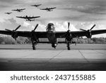 Avro Lancaster bomber flying over world war two airfield , RAF Bomber command