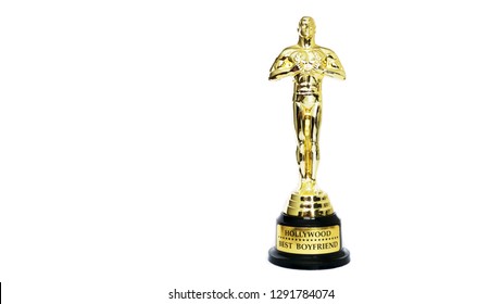 award or Hollywood golden trophy isolated on a white background. Best boyfriend sign. Postcard for a partner