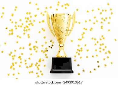 Award victory trophy cup with golden stars, top view. Success and victory concept. - Powered by Shutterstock