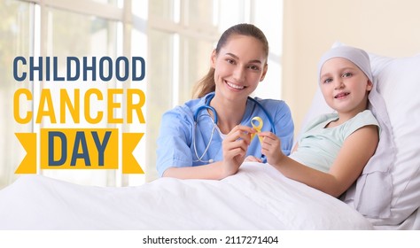 Awareness banner for International Childhood Cancer Day with doctor and little girl holding golden ribbon