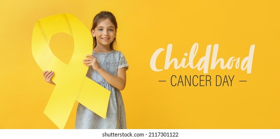 Awareness banner for International Childhood Cancer Day with little girl holding golden ribbon