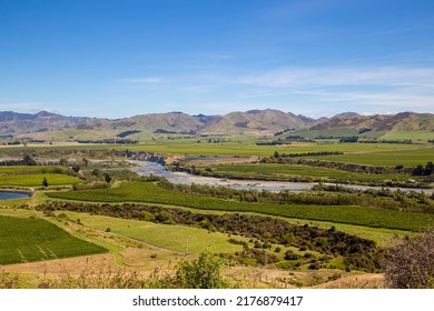 The Awatere River flows down through Seddon towards the sea in the Marlborough District of New Zealand  - Shutterstock ID 2176879417