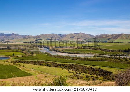 The Awatere River flows down through Seddon towards the sea in the Marlborough District of New Zealand 
