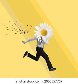 Away from problems. Contemporary art collage of man with chamomile flower head running from bees isolated over yellow background. Concept of career, work, growth, motivation. Copy space for ad