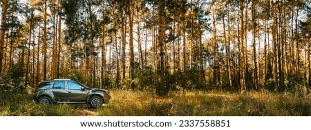 AWD 4WD SUV green car in summer forest landscape in summer field countryside landscape. panorama,