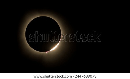 Awe-inspiring color photo of the 2024 solar eclipse showing the diamond ring effect and displaying vibrant red bursts of plasma shooting from the sun's surface. Photo taken in  Carbondale, Illinois