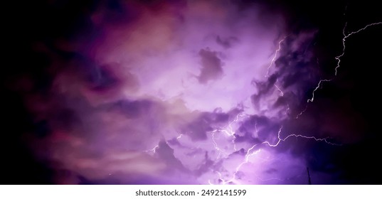 An awe-inspiring photograph capturing the dramatic beauty of a lightning storm at night. The intense colors and dynamic composition convey the raw power and ethereal beauty of the storm. - Powered by Shutterstock