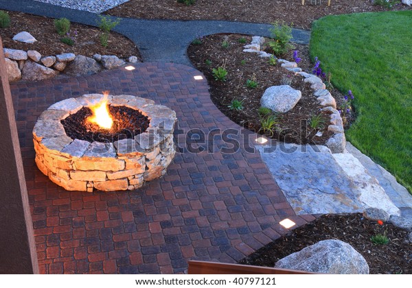 Awesome Backyard Fire Pit Illuminated Paver Stock Photo Edit Now