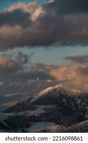 Awesome Beautiful Landscape Scene View Of Sky And Grey Clouds And Winter Mountain Landscape With Snow Covered Evergreen Trees