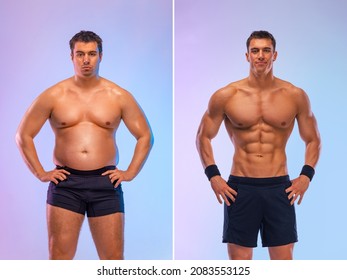 Awesome Before and After Weight Loss fitness Transformation. The man was fat but became athlet. Fat to fit concept. - Shutterstock ID 2083553125