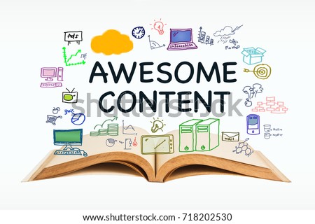 Awesome Content, text with opened book and drawing icon on white background