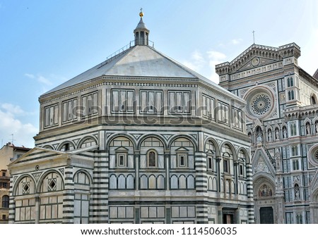Awesome Florence Cathedral and the Baptistery, which is one of the oldest buildings in Florence. Iconic octagonal basilica with striking marble facade, known for its mosaic ceiling. Italy, Florence 