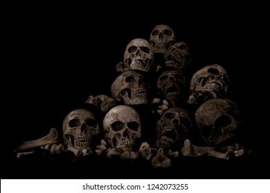 Awesome pile of skull and bone on brown cloth background, Still Life style, selective focus, Adjustment color for background