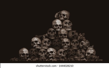 Awesome pile of skull and bone on brown cloth background, Still Life style, Adjustment color for background - Shutterstock ID 1444028210