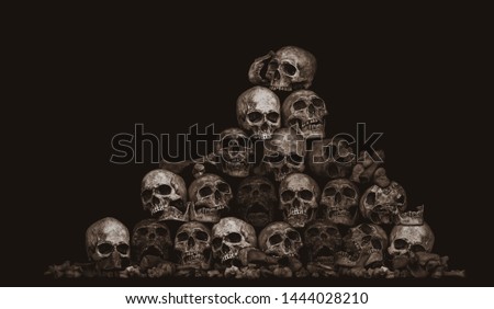 Awesome pile of skull and bone on brown cloth background, Still Life style, Adjustment color for background