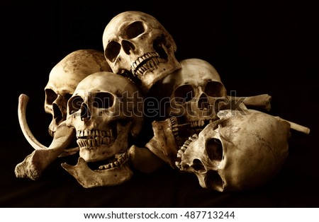 Awesome pile of skull and bone on brown cloth background, Still Life style, selective focus, Adjustment color for background