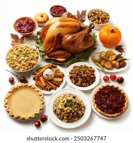 An Awesome Thanksgiving feast with turkey, potatoes, gravy, carrots and greens on a white background - Powered by Shutterstock