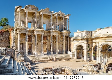 Awesome view of the Gate of Augustus and the Library of Celsus in Ephesus (Efes). Ruins of the ancient Greek city in Selcuk, Izmir Province, Turkey. Ephesus is a popular tourist attraction in Turkey.