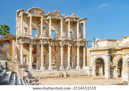 Awesome view of the Gate of Augustus and the Library of Celsus in Ephesus (Efes). Ruins of the ancient Greek city in Selcuk, Izmir Province, Turkey. Ephesus is a popular tourist attraction in Turkey.