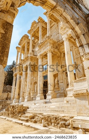 Awesome view of the Gate of Augustus and the Library of Celsus in Ephesus (Efes). Ruins of the ancient Greek city in Selcuk, Izmir Province, Turkey. Ephesus is a popular tourist attraction in Turkey.
